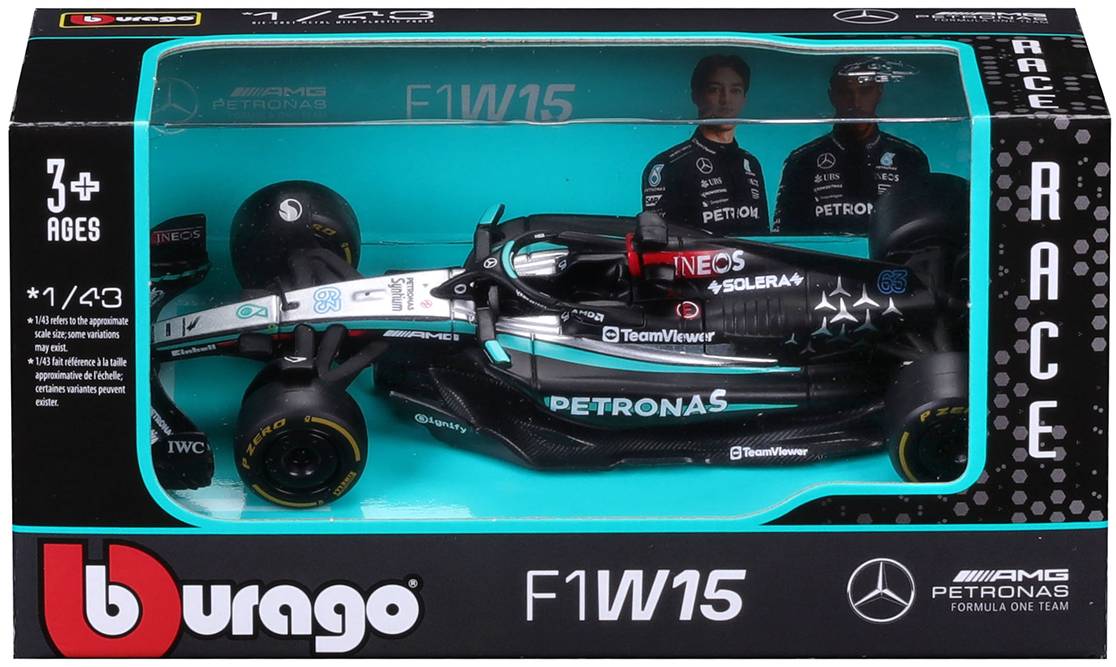 Фото - Коллекционная машинка 1:43 Bburago MERCEDES-AMG F1 W15 PERFORMANCE 2024 1:43 (18-38208) в ассортименте