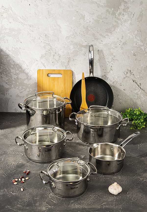 Фото - Набір посуду Tefal G732SA55 Duetto+ 10 пр. со сковородой (кастр. 6,0/5,0/2,5/1,5 л., ковш 1,5 л б/кр, сковорода 26 см)
