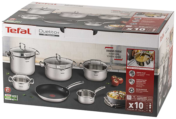 Фото - Набір посуду Tefal G732SA55 Duetto+ 10 пр. со сковородой (кастр. 6,0/5,0/2,5/1,5 л., ковш 1,5 л б/кр, сковорода 26 см)