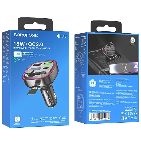 Фото - FM модулятор BOROFONE BC48 Broad QC3.0 car BT FM transmitter 18W Black (6941991104039)
