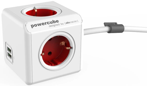 Удлинитель 220В Allocacoc Powercube Extended 1.5m 4р+ 2 USB Red (1402RD/DEEUPC)