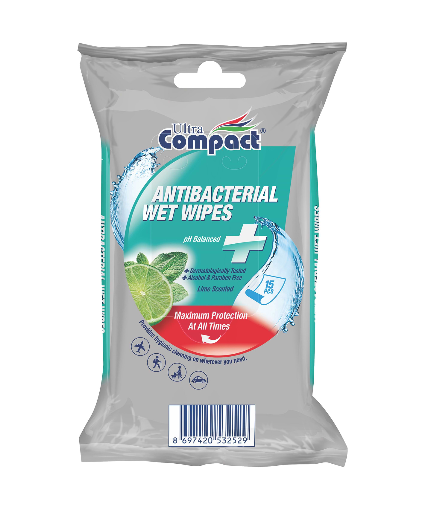 Салфетки гигиенические влажные Ultra Compact антибактериальная 15 шт.  (8697420532529)