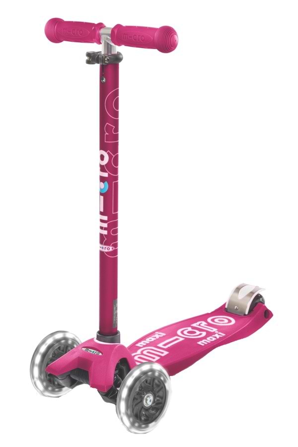 Трёхколёсный самокат Micro "Maxi Deluxe LED" - РОЗОВЫЙ (складной, до 50 кг, трехколесный, свет)