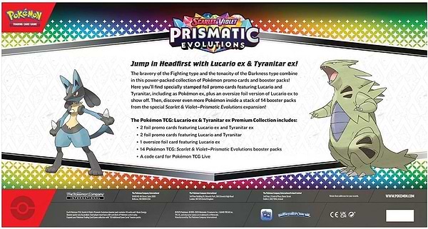 Фото - Настільна гра (5-7 років) Pokemon Scarlet & Violet Prismatic Evolutions. Lucario Ex & Tyranitar Ex Premium Collection Box (196214130029)