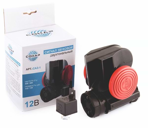 Фото - Сигнал автомобильный SONAR двухтональный с реле, 12В, (SAZ-1)