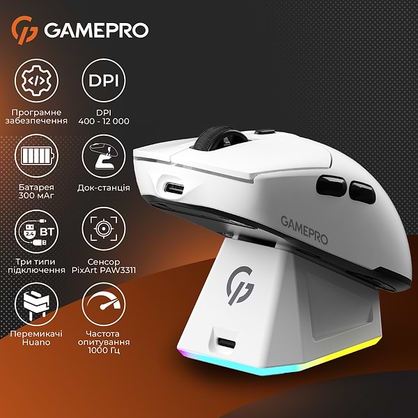 Фото - Мышь беспроводная игровая GamePro Genesis Airmaster Wireless/Bluetooth/USB PixArt PAW3311 Sensor White (GM167W)