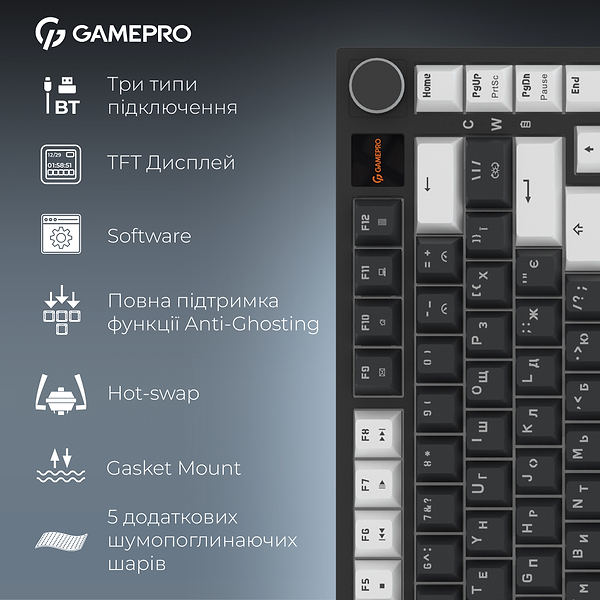 Фото - Клавіатура бездротова ігрова GamePro Asgard Valhalla Pro 75% Wireless/Bluetooth/USB Black (MK160B-D-Pro)