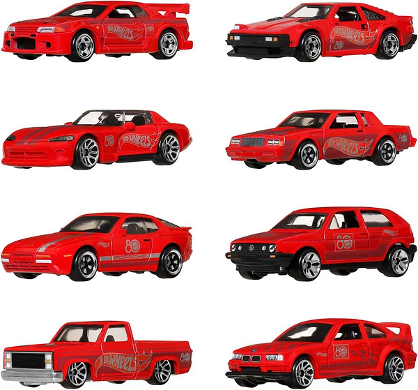 Фото - Набір базових машинок Hot Wheels Тематичний набір з 8 машинок "80 років драйву Mattel" (JGK09)