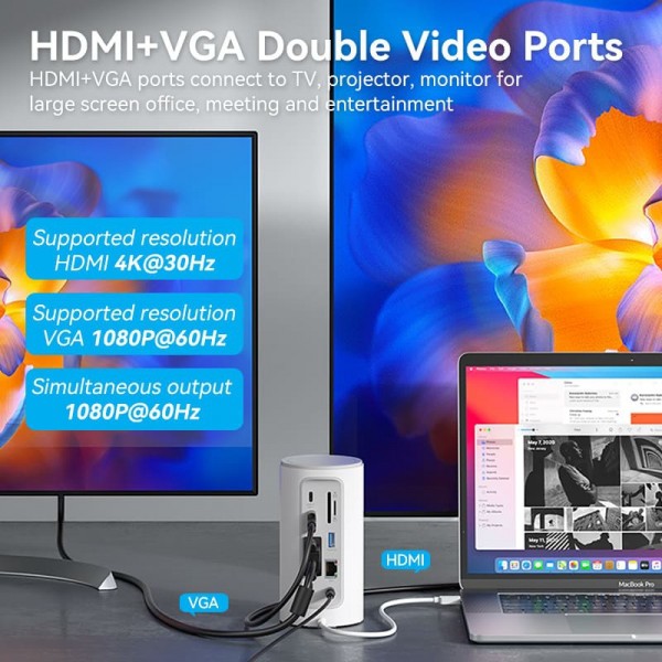 Фото - Хаб USB Vention USB3.1 Type-C -HDMI/VGA/USB3.0x3/RJ45/SD/TF/TRRS3.5m/PD/DC100W 12-in-1 (TPHWC-EU)