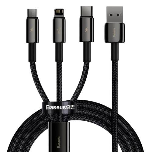 Кабель синхронізації даних Baseus Tungsten Gold One-for-three Fast Charging Data Cable USB to M+L+C 3.5A 1.5m Black (CAMLTWJ-01) - Фото 1