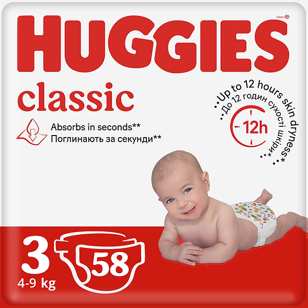Фото - Одноразові підгузки Huggies Класик 3 (4-9 кг), 58 шт. (5029053543109)