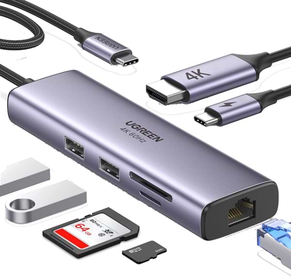 Хаб USB UGREEN CM512 USB-C to 2*USB3.0+HDMI+RJ45+SD&TF +PD port Converter (UGR-90568)