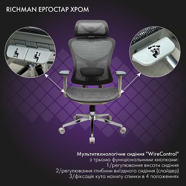 Фото - Крісло для геймерів Richman Ергостар Хром Synchro Сітка Сіра