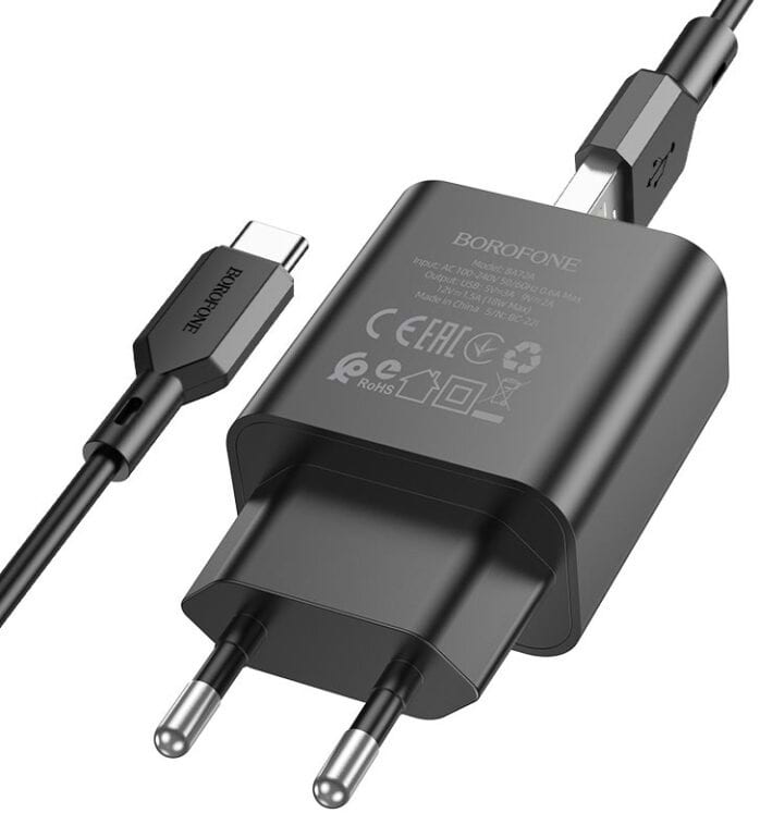 Мережевий зарядний пристрій BOROFONE BA72A Spring single port QC3.0 charger set(Type-C) 18W Black (6974443388589) - Фото 1