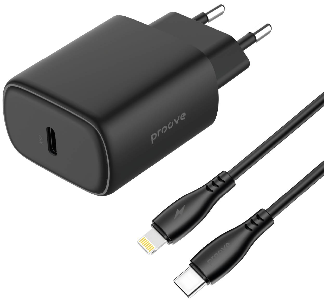 Сетевое зарядное устройство Proove Silicone Power 2 20W (Type-C) + Cable Type-C to Lightning (1m) black (WCSP22010001)