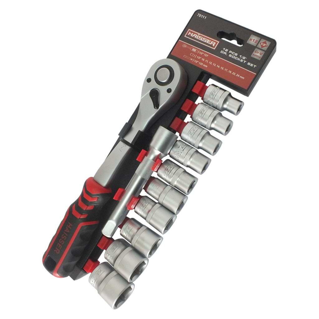 Набір торцевих голівок Haisser 10-24мм з тріскачкою 72 зубів 1/2'' + подовжувач 125мм, 12 од. CR-MO (70111)