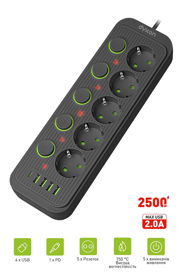 Фото - Сетевой фильтр Dyxon 5+4 USB-A+USB-C (PD)+5 Power switch 2m Black (DXN-MFP-54PD2MB)
