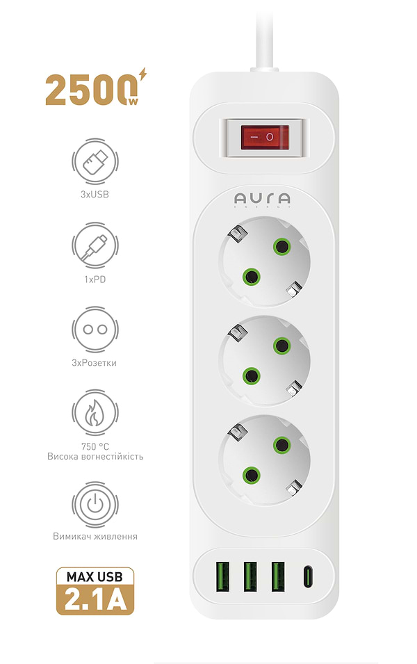 Фото - Сетевой фильтр Aura Energy 3+3 USB-A + USB-C (PD) 2M White (AUEMFP33PD2MW)