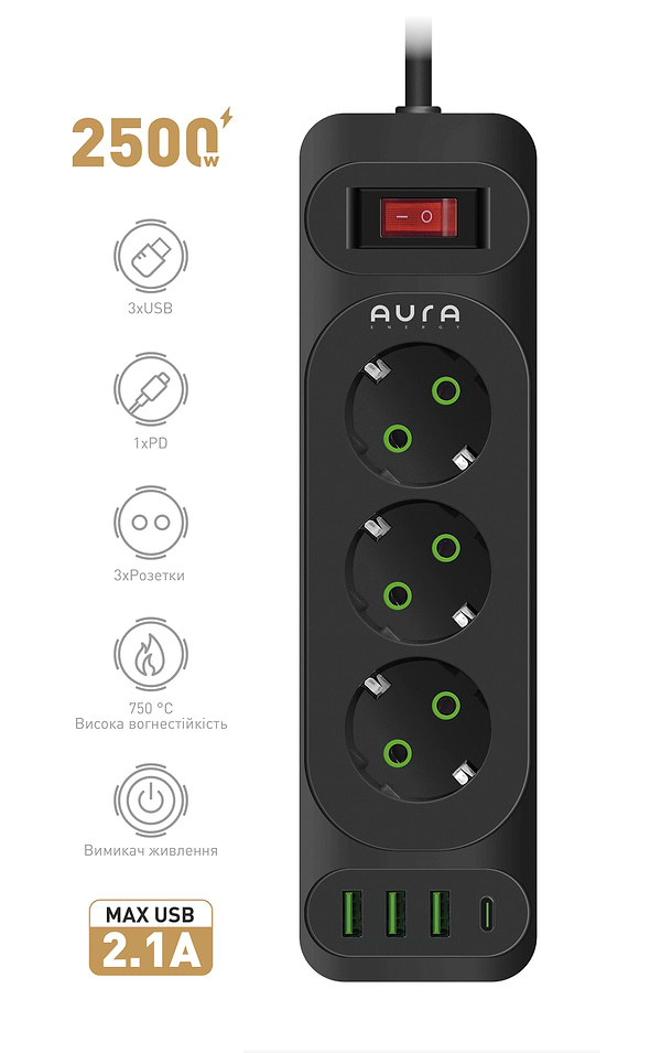 Фото - Мережевий фільтр Aura Energy 3+3 USB-A + USB-C (PD) 2M Black (AUEMFP33PD2MB)