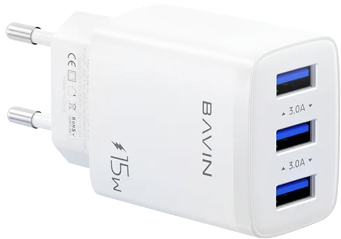 Сетевое зарядное устройство Bavin PC906Y 15W 3xUSB-A 5V 3.0A White (C-PC906Y-W)