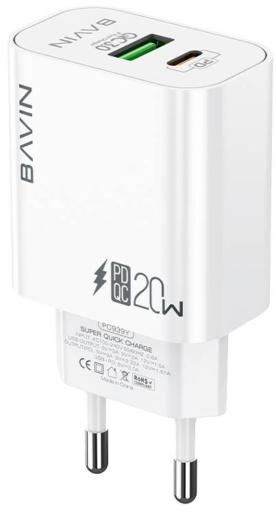 Мережевий зарядний пристрій Bavin PC939Y-CC PD 20W Type-C USB-A (QC3.0) + кабель Type-C/Type-C White (C-PC939Y-CC-W)