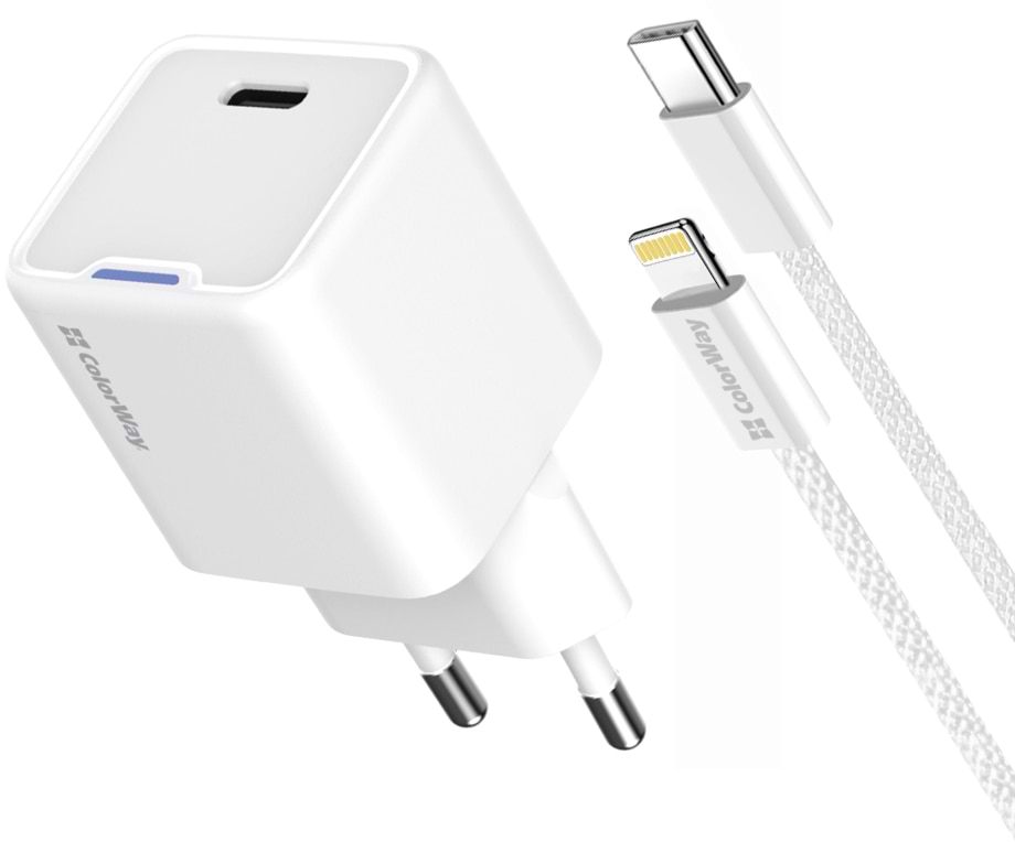 Мережевий зарядний пристрій Colorway GaN Mini 20W PD Port PPS USB-C White cable Lightning (CW-CHS059PDL-WT) - Фото 1
