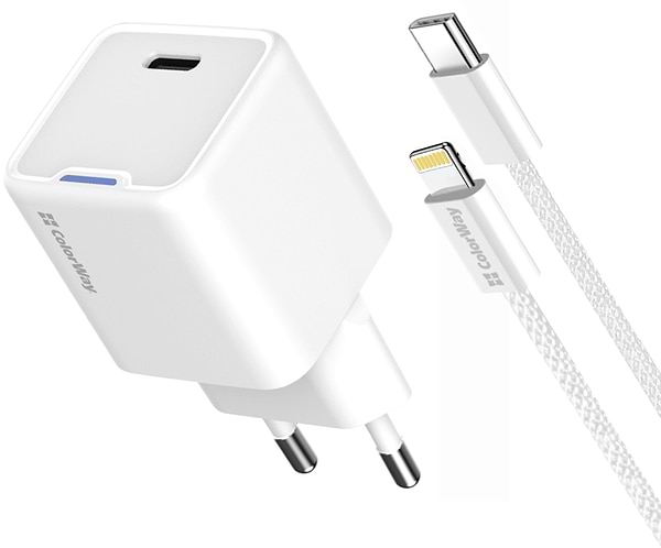 Фото - Мережевий зарядний пристрій Colorway GaN Mini 20W PD Port PPS USB-C White cable Lightning (CW-CHS059PDL-WT)