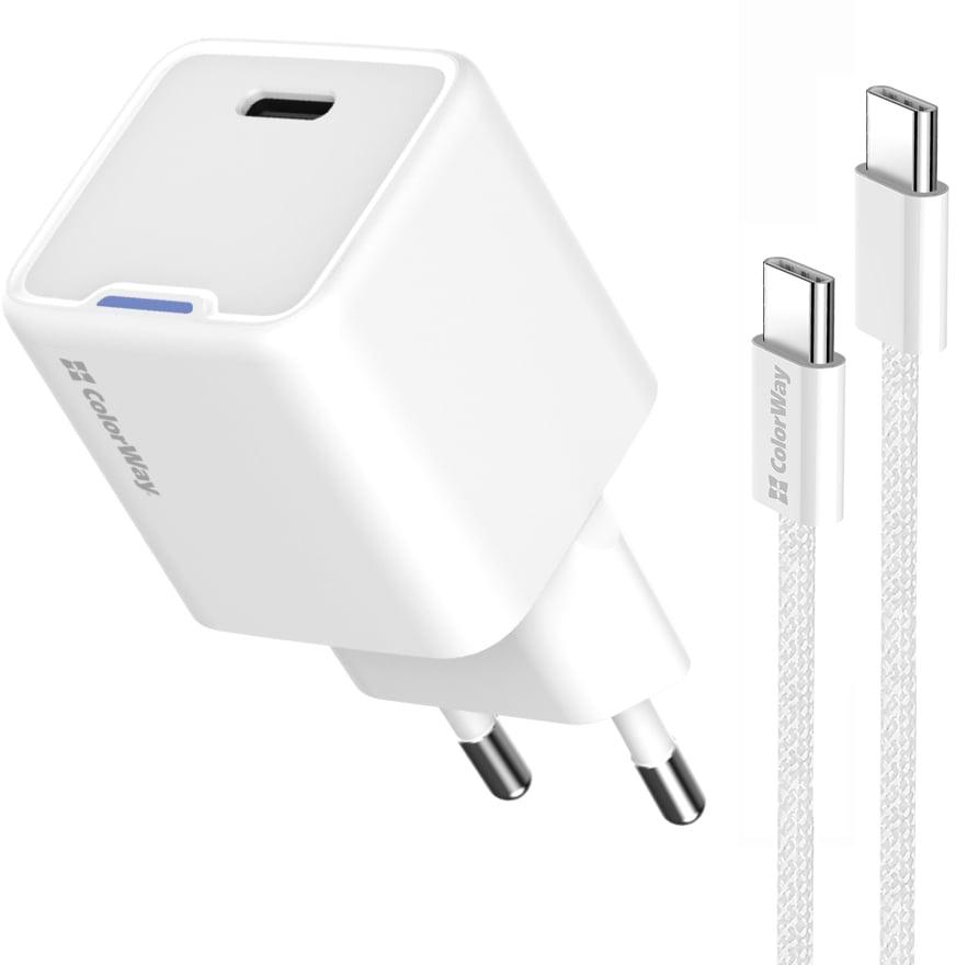Мережевий зарядний пристрій Colorway GaN Mini 25W PD Port PPS USB-C White cable Type-C (CW-CHS052PDC-WT) - Фото 1