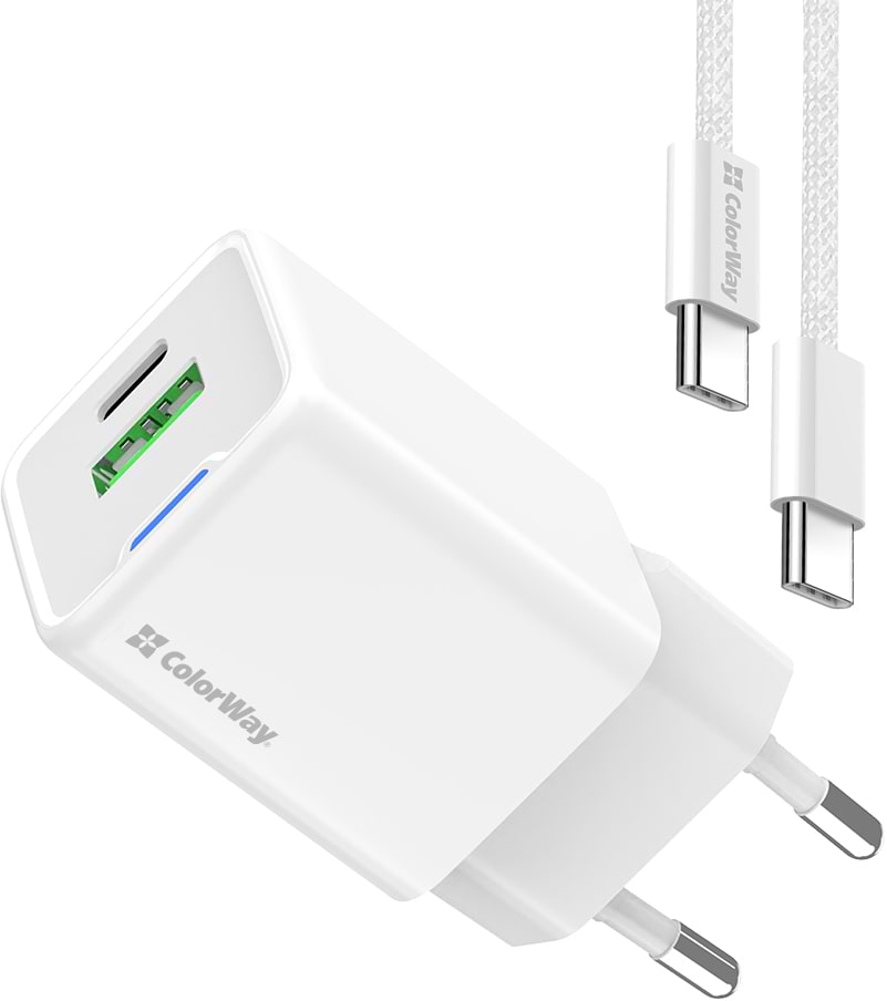 Мережевий зарядний пристрій Colorway GaN Mini 35W PD Port PPS USB cable Type-C (CW-CHS055PDC-WT) - Фото 1