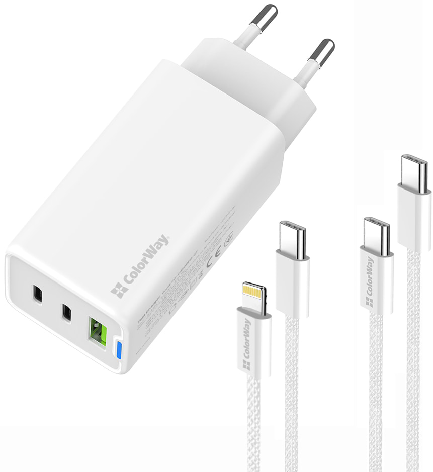 Мережевий зарядний пристрій Colorway GaN Mini 65W PD Port PPS USB cable Type-C&Lightning (CW-CHS058PDCL-WT) - Фото 1