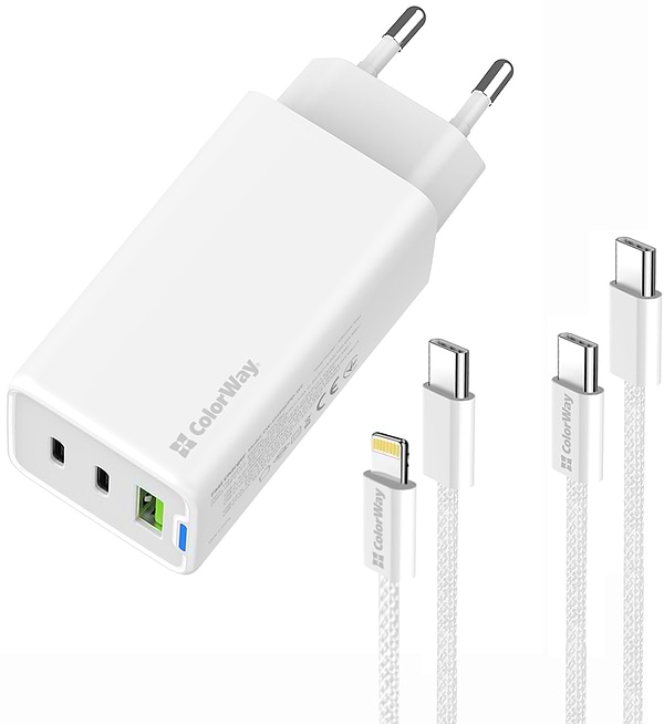 Фото - Сетевое зарядное устройство Colorway GaN Mini 65W PD Port PPS USB cable Type-C&Lightning (CW-CHS058PDCL-WT)