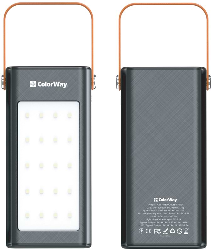 Батарея мобильная Colorway 80000 mAh LCD/Lamp USB QC3.0 + USB-C Power Delivery 22.5W Black (CW-PB800LPA8BK-PDD) - Фото 1