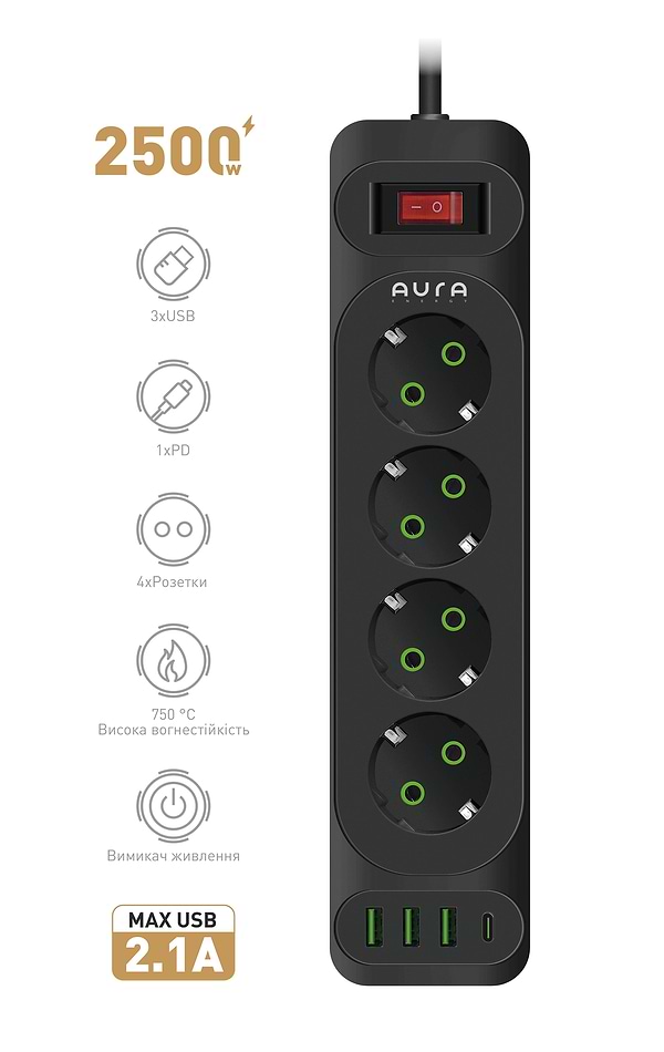 Фото - Сетевой фильтр Aura Energy 4+3 USB-A + USB-C (PD) 2M Black (AUEMFP43PD2MB)