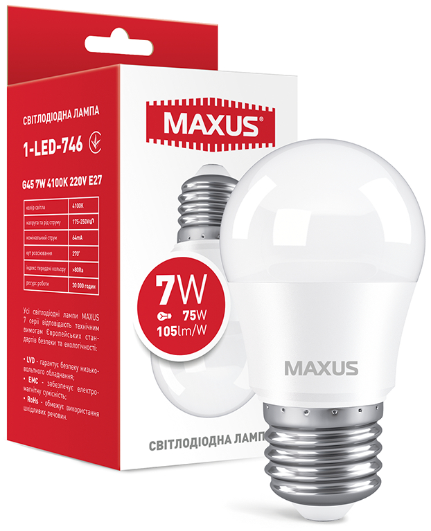 Фото - Лампочка светодиодная Maxus G45 7W 4100K 220V E27 (1-LED-746)
