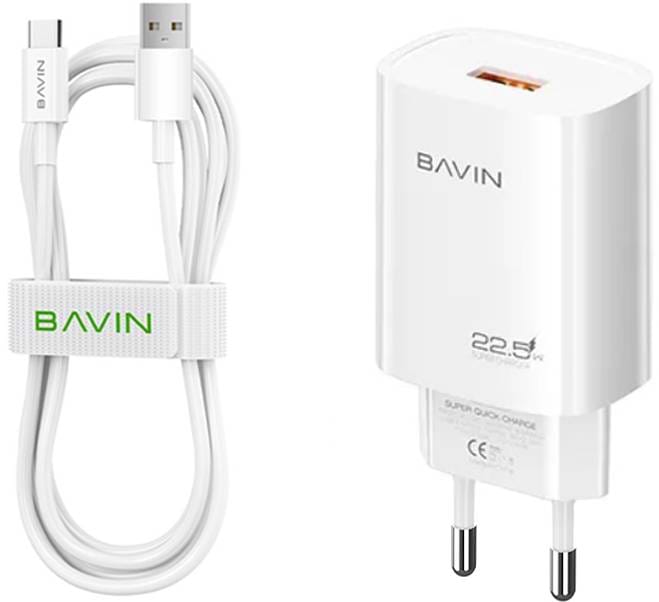 Мережевий зарядний пристрій Bavin PC995Y 22.5W USB-A Super Quick Charge + кабель USB-A/Type-C White (C-PC995Y-C-W) - Фото 1