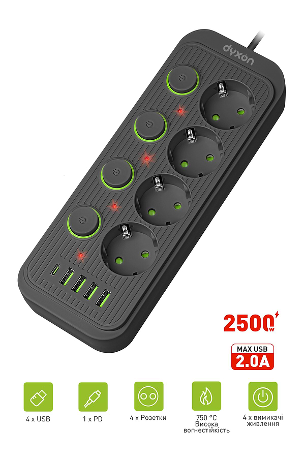 Фото - Сетевой фильтр Dyxon 4+4 USB-A USB-C (PD)+4 Power switch 2m Black (DXN-MFP-44PD2MB)