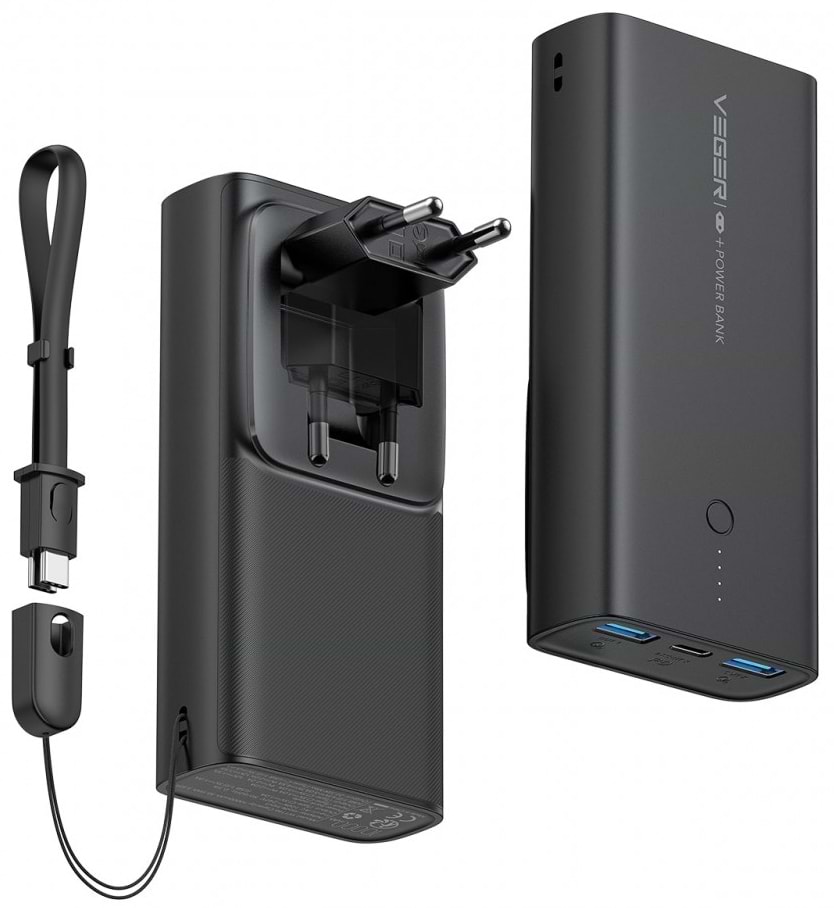 Батарея мобильная Veger ACE100 Built-in EU Plug 10000mAh Quick Charge PD20W W1146 (1283126559143) - Фото 1