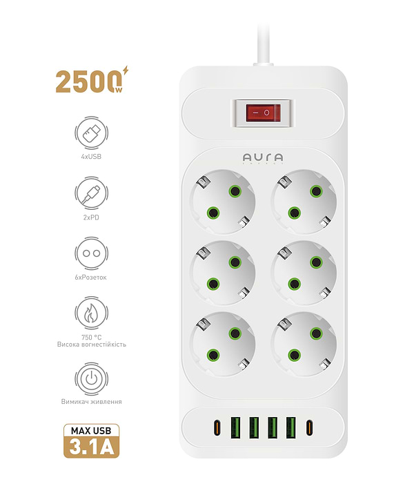 Фото - Сетевой фильтр Aura Energy 6+4 USB-A + 2 USB-C (PD) 2M White (AUEMFP64PD2MW)
