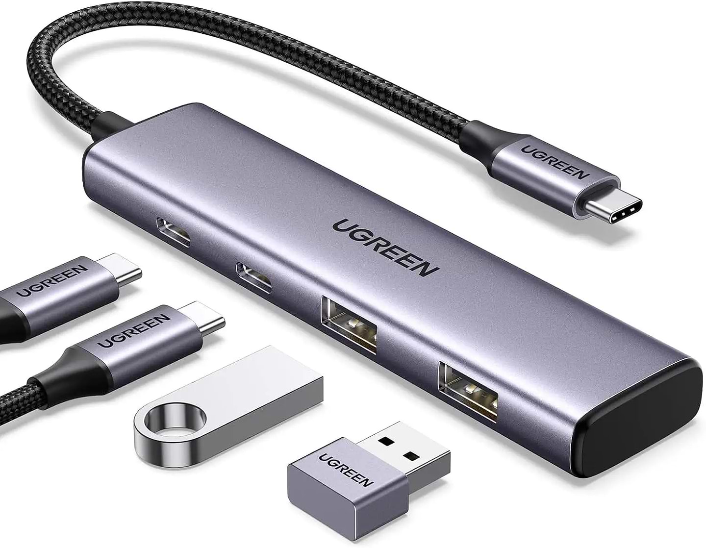 Хаб USB UGREEN CM473 USB-C to 2xUSB 3.0 + 2xUSB-C 5Gpbs Space Grey (15395) - Фото 1