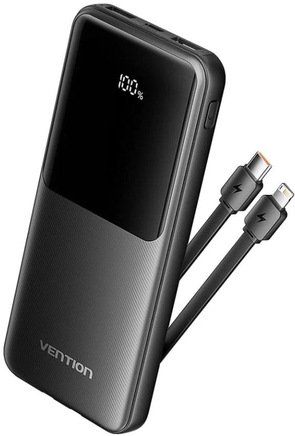 Фото - Батарея мобільна Vention 10000mAh 22.5W 3A PD Micro-USB,USB-C,2xUSB-A Built-in USB-C+Lightning Cables Black (FHOB0)