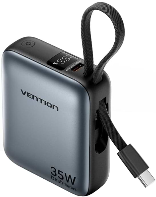 Фото - Батарея мобільна Vention 10000mAh 35W 3A PD Fast Charging 1хType-C OUT with Built-in USB-C Cable LED Display Gray (FHEH0)