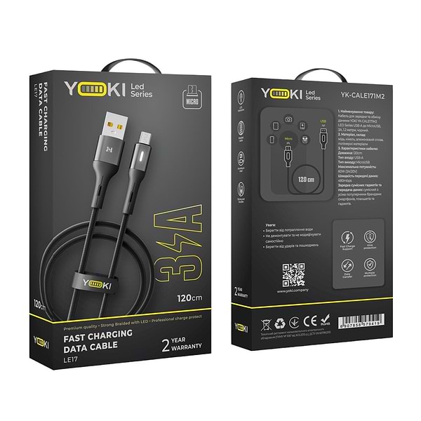 Фото - Кабель синхронізації даних YOKI LED Micro 3A 1.2m Black (YK-LE17)