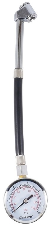 Манометр автомобільний CarLife 11 Атм, пластиковий, гнучкий шланг, подвійний затискач (TG581)