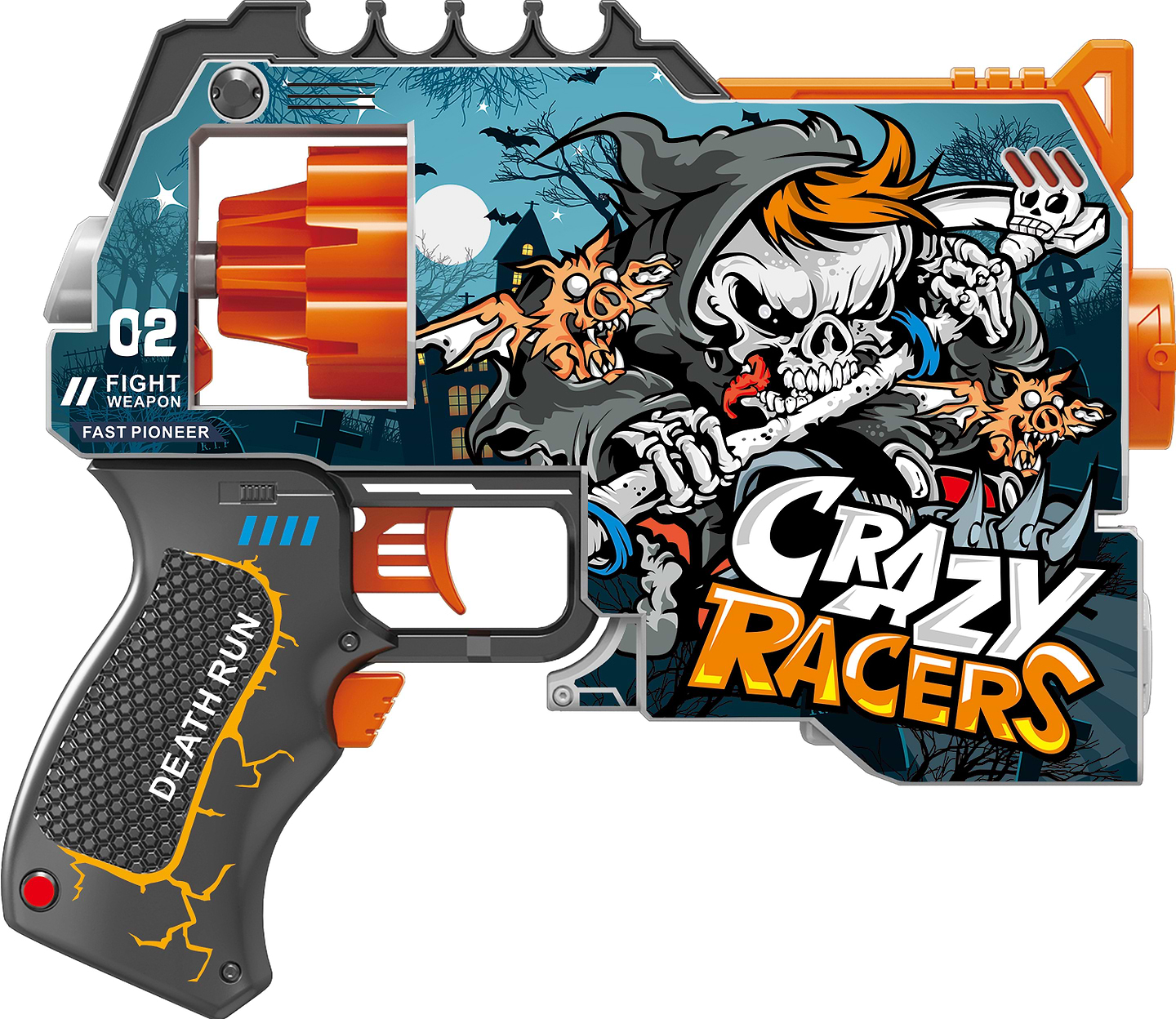 Бластер многозарядный Fast Pioneer на батарейках с мягк. патронами Сумасшедшие Гонщики 12 шт. (BH104)