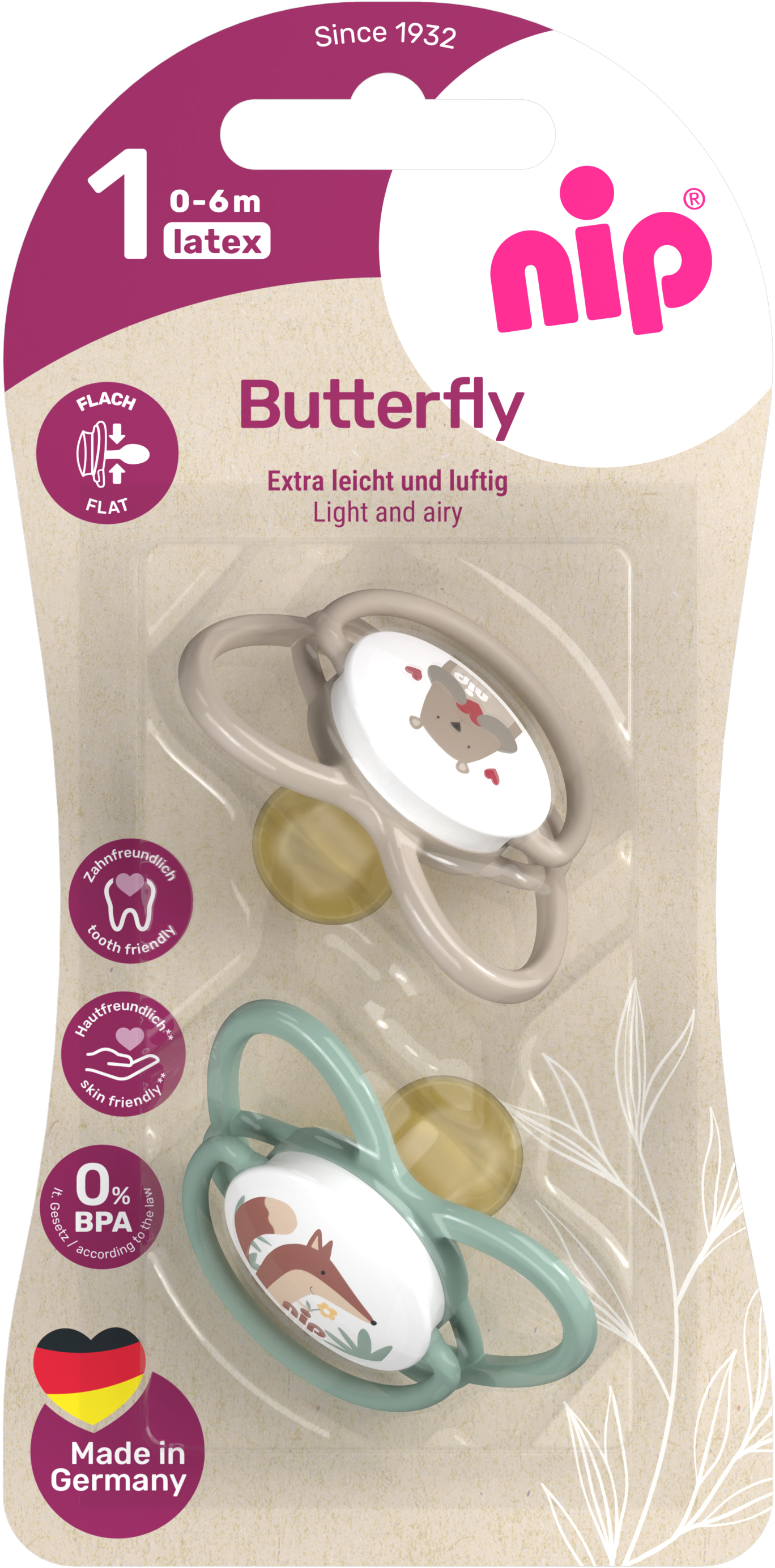 Симетрична пустушка NIP Метелик латексна 0-6 міс. зелений/бежевий (31053-01)
