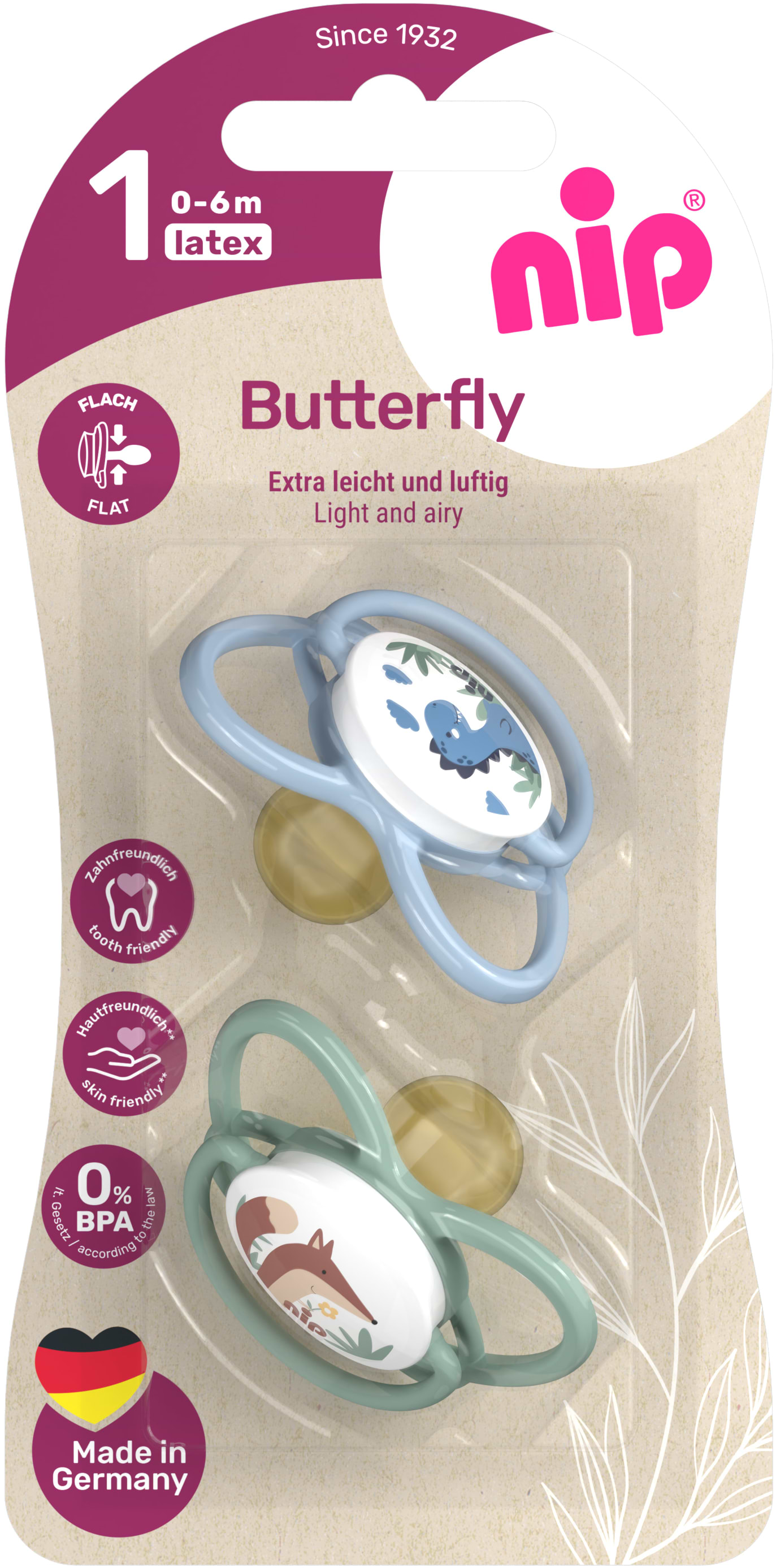 Симетрична пустушка NIP Метелик латексна 0-6 міс. зелеий/блакитний (31053-02)