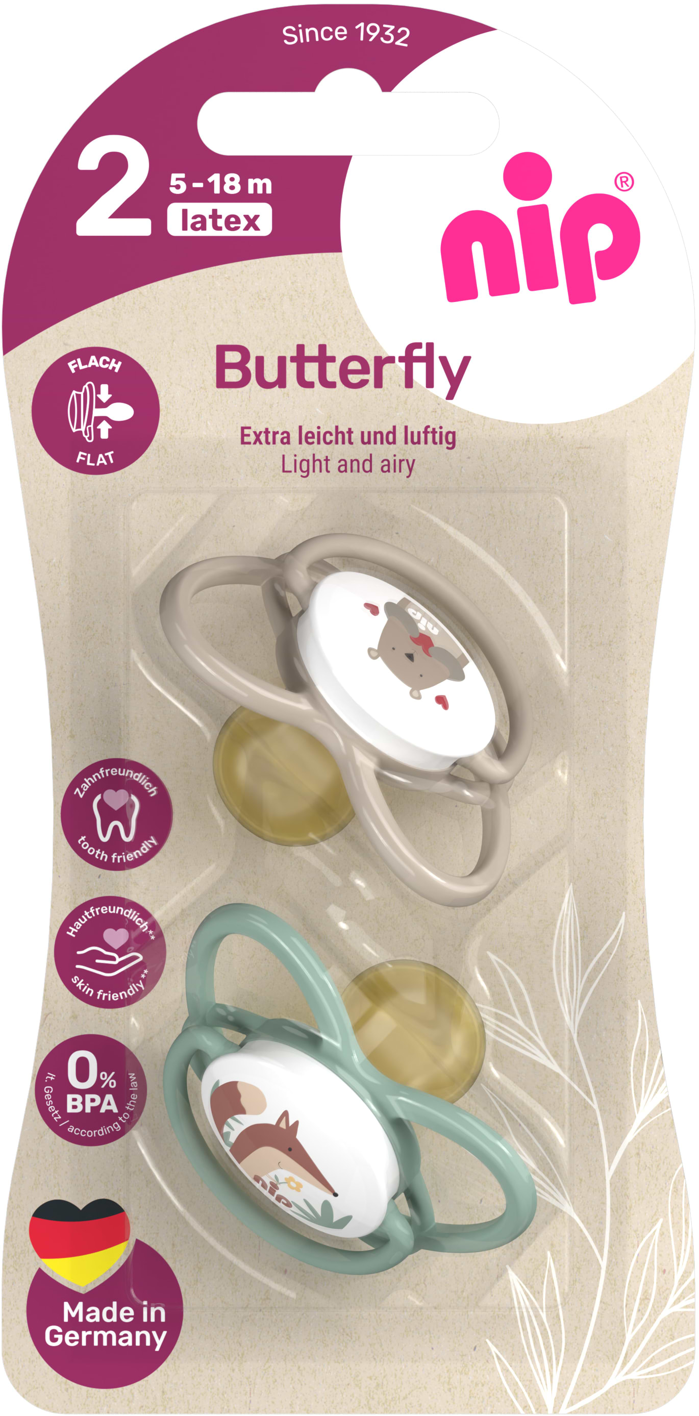 Симетрична пустушка NIP Метелик латексна 5-18 міс. зелений/бежевий (31054-01)