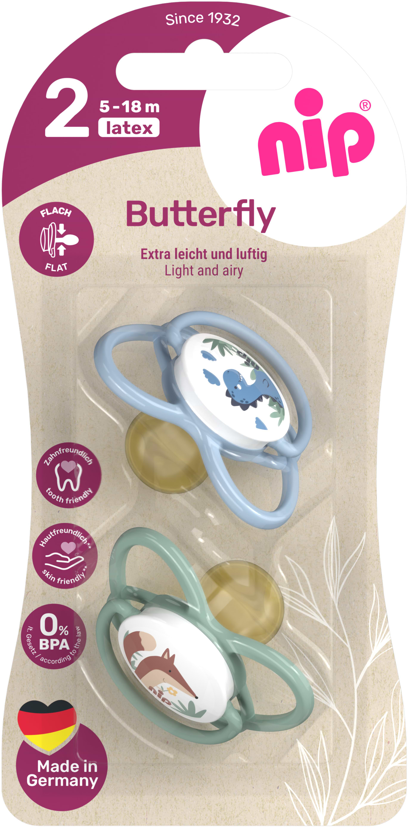 Симетрична пустушка NIP Метелик латексна 5-18 міс. зелений/блакитний (31054-02)