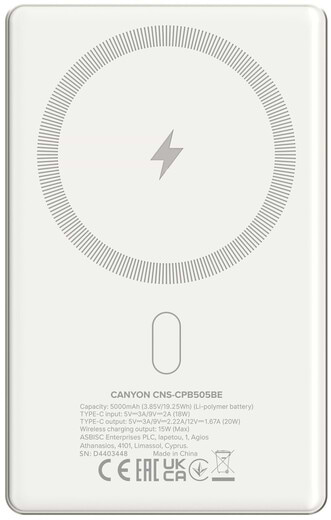 Батарея мобильная Canyon OnPower 505 slim Magsafe 5000 mAh PD20W Beige (CNS-CPB505BE) - Фото 1