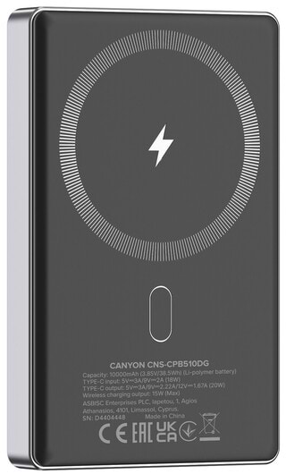 Батарея мобильная Canyon OnPower 510 slim Magsafe 10000 mAh PD20W Dark Grey (CNS-CPB510DG) - Фото 1